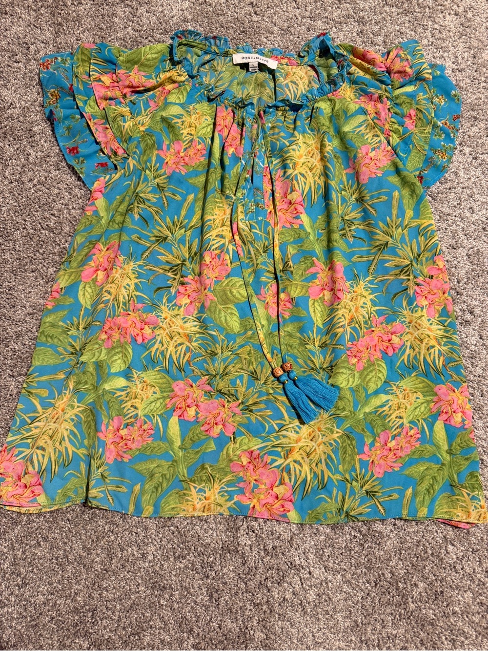 Rose & Olive Blue Tropical Floral Tassel Blouse